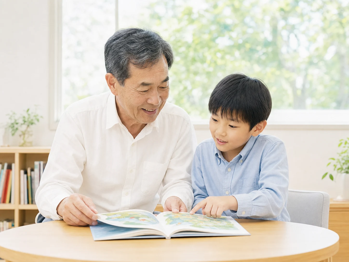 祖父と子どもが一緒に本を読む様子