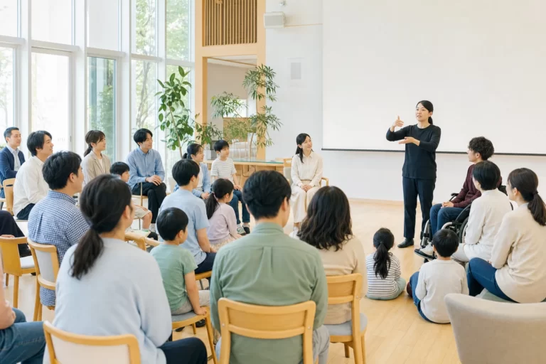 手話を交えた講演を聞く家族や参加者